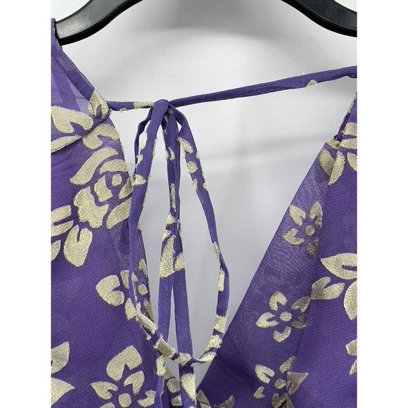 ASOS Women's Purple-Beige Floral Print Long Sleeve V-Neck Open Back Top SZ 4 - Picture 6 of 10